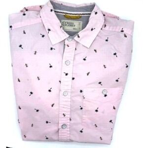 Free Planet Men's Size S Short Sleeve Collard‎ Button up Light Pink w/Palm Trees